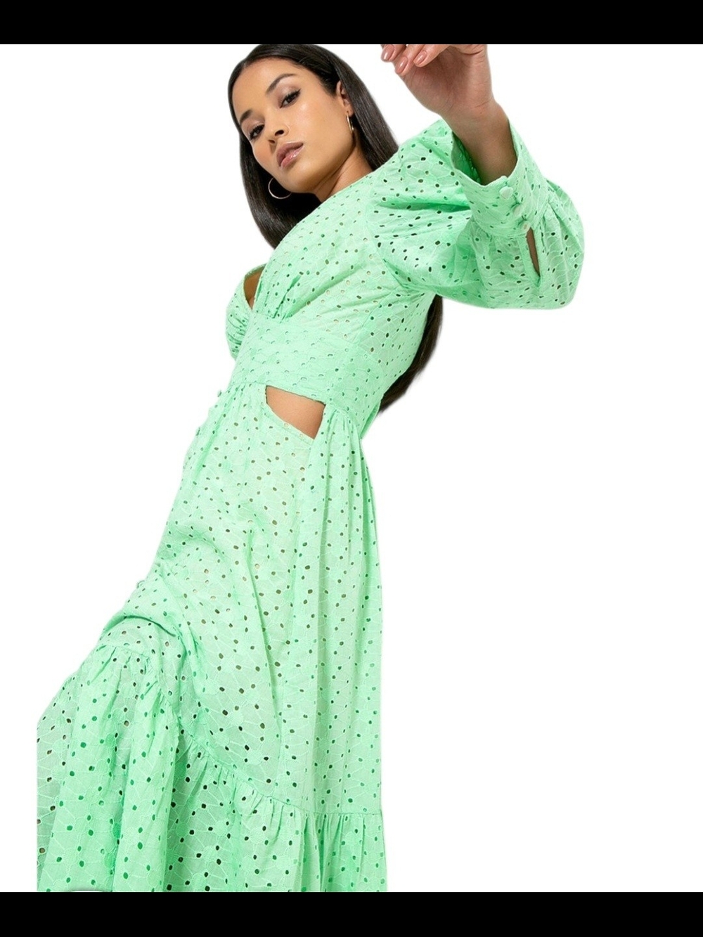 Mint Green Eyelet Cutout Maxi Dress with Puff Sleeves